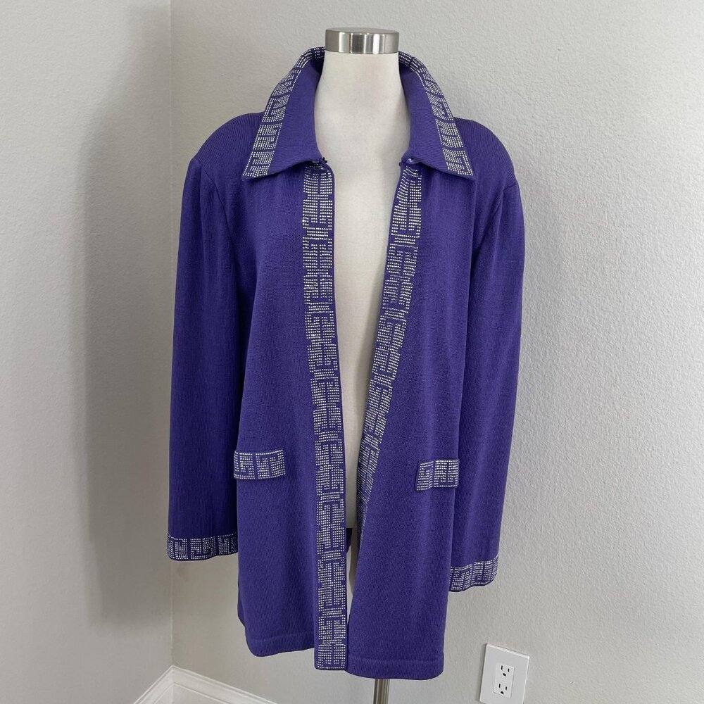 TOULA Cardigan Sweater Womens 20W Purple Wool Blend Rhinestone Trim Open‎ Front
